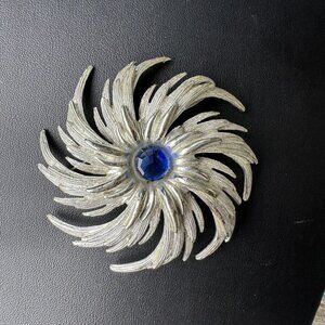 VTG Sarah Coventry‎ Brooch Pinwheel 2.75" Silver Plated Blue Spiral Galaxy Rare